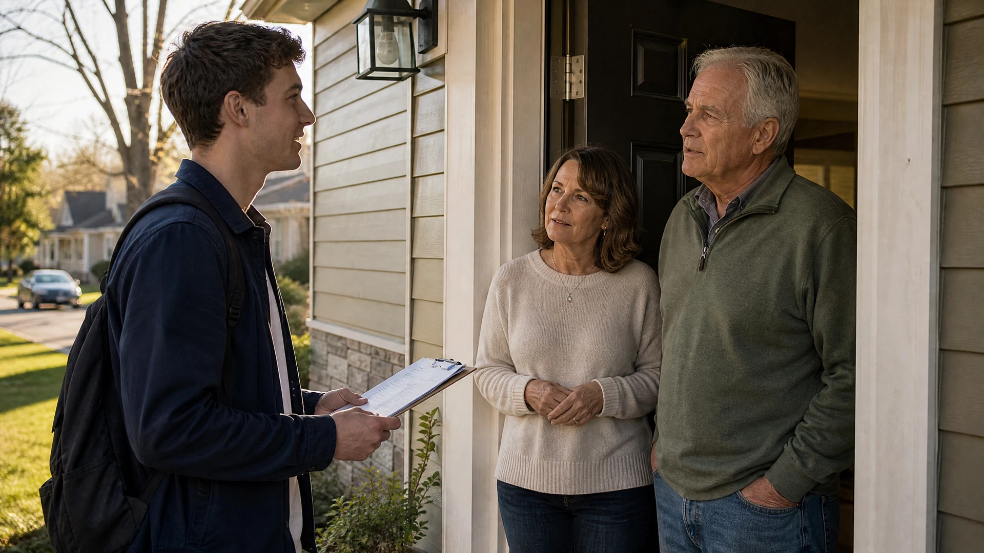 A college-aged adult canvasser talks with middle-aged and older homeowners at their front door
